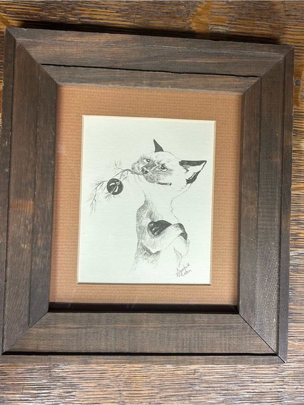 Framed/Matted Siamese Cat "Christmas Surprise" Pen/Ink Sketch: 1979